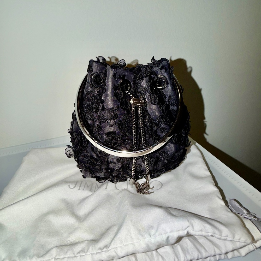 Jimmy Choo Black Textured Floral Drawstring Mini Bag with Silver Chain